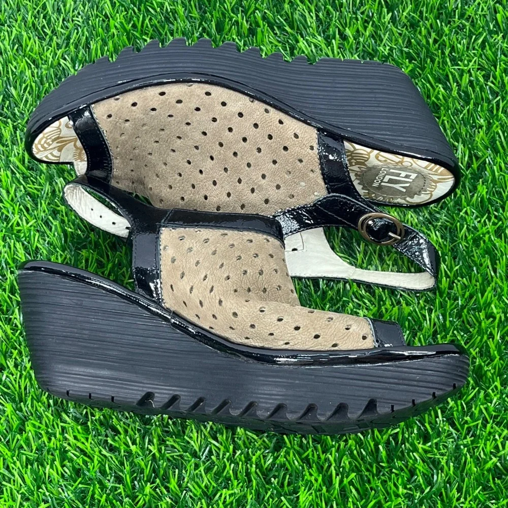 FLY LONDON Wedge Sandals Perforated‎ Suede Black Patent Leather Sz EU37 US 6-6.5